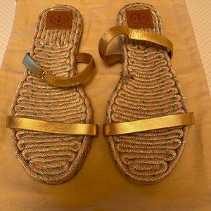 Tory Burch Gold Flat Sandals in a Size 10 1/2.
